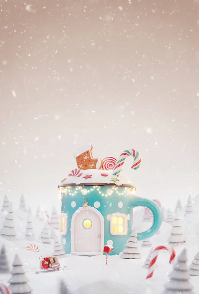 不同寻常的圣诞3D插画贺卡 圣诞时用杯子 糖果和圣诞彩灯装饰的漂亮舒适的梦幻般的房子在神奇的森林里装饰着 — 图库照片