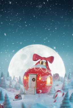 Noel 'de süslenmiş, kırmızı kurdele ve büyülü ormanda noel ışıklarıyla süslenmiş şirin, rüya gibi bir ev. Alışılmadık noel 3D illüstrasyon tebrik kartı.