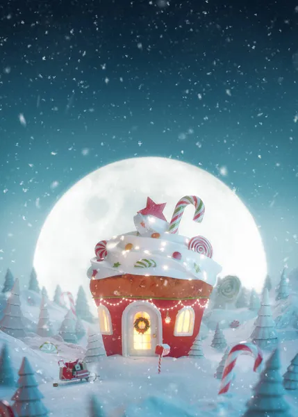 クリスマスの夜にクリスマスライトで飾られた上のお菓子とクリスマスジンジャーブレッドマフィンの形をしたかわいい居心地の良い夢の家 珍しいクリスマス3Dイラストグリーティングカード — ストック写真