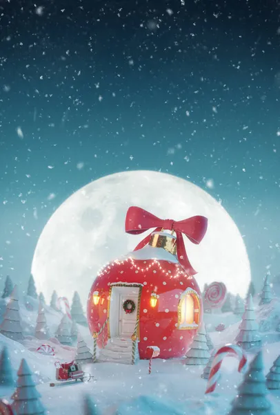 Cute Cozy Dreamlike House Decorated Christmas Shape Christmas Bauble Red — Stock Photo, Image