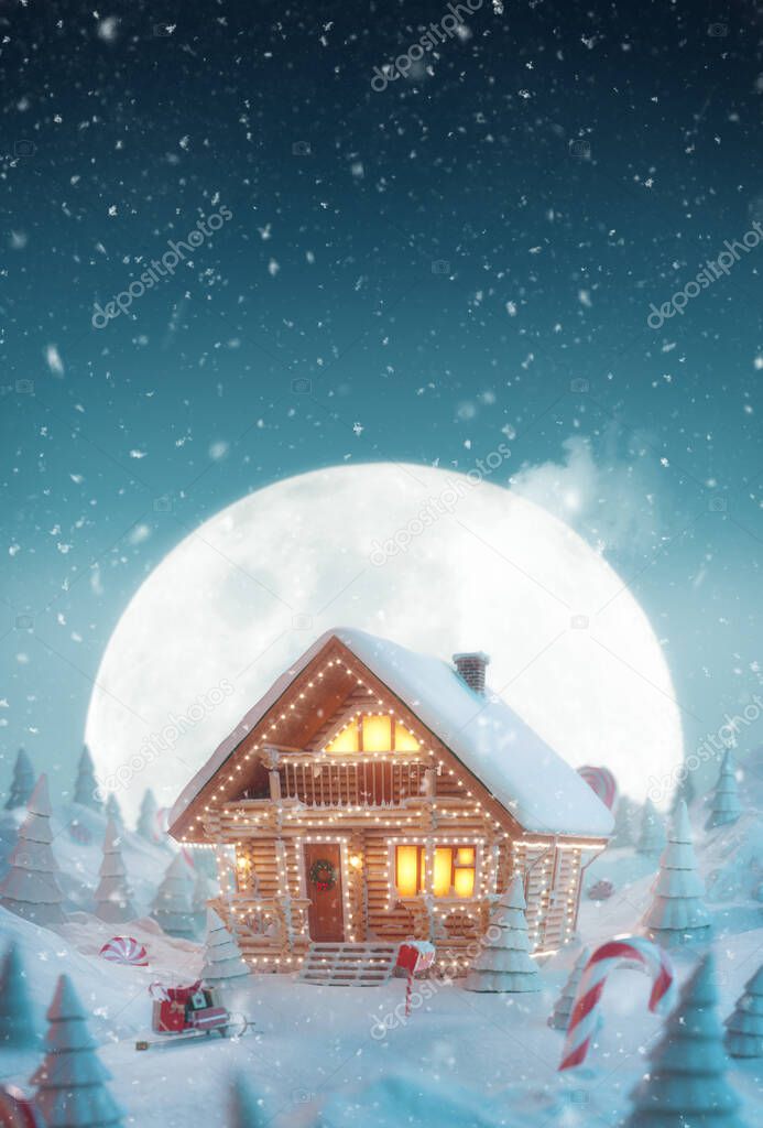Cute cozy dreamlike Decorated log house decorated at christmas of christmas lights in magical forest at Christmas night. Unusual christmas 3d illustration greeting card
