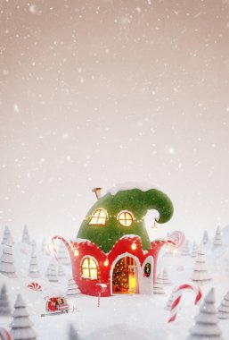 Alışılmadık bir Noel 3D illüstrasyon tebrik kartı. Noel 'de süslü şirin rüya gibi bir ev. İçinde büyülü ormanda açık kapı ve şömine olan elf şapkası şeklinde..