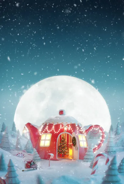 在圣诞前夕装饰成茶壶形状的漂亮舒适的梦幻般的房子 里面装饰着魔法森林里的圣诞佳节 晚上还装饰着喷溅和糖果手杖 不同寻常的圣诞节3D插图 — 图库照片