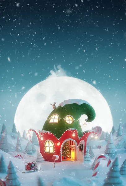 クリスマスの夜に魔法の森の中にオープンドアと暖炉のあるエルフの帽子の形でクリスマスに飾られたかわいい居心地の良い夢の家 珍しいクリスマス3Dイラストグリーティングカード — ストック写真