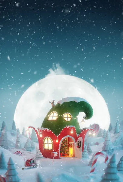 Cute Cozy Dreamlike House Decorated Christmas Shape Elfs Hat Opened Royalty Free Stock Photos