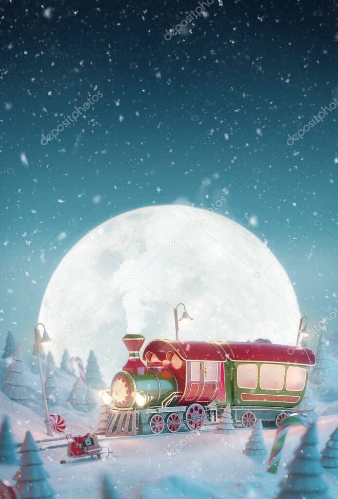 Cute funny dreamlike Santa's Christmas train in a magical forest with candy canes at night. Unusual Christmas 3d illustration greeting card.