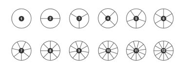 Daireler 1 'den 12' ye kadar sayılarla bölümlere bölünür. Taslak yuvarlak şekiller eşit dilimlere bölünmüş. Basit grafik pasta veya donut grafiği örnekleri