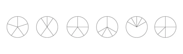 Esquema de círculos divididos en 5 segmentos. Pastel o pizza formas redondas cortadas en diferentes tres rebanadas. Ejemplos simples de infografía estadística aislados sobre fondo blanco — Vector de stock