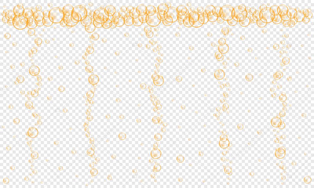 Golden bubbles stream on transparent background. Fizzy carbonated drink, champagne, seltzer, beer, soda, cola, lemonade, sparkling wine texture. Vector realistic illustration