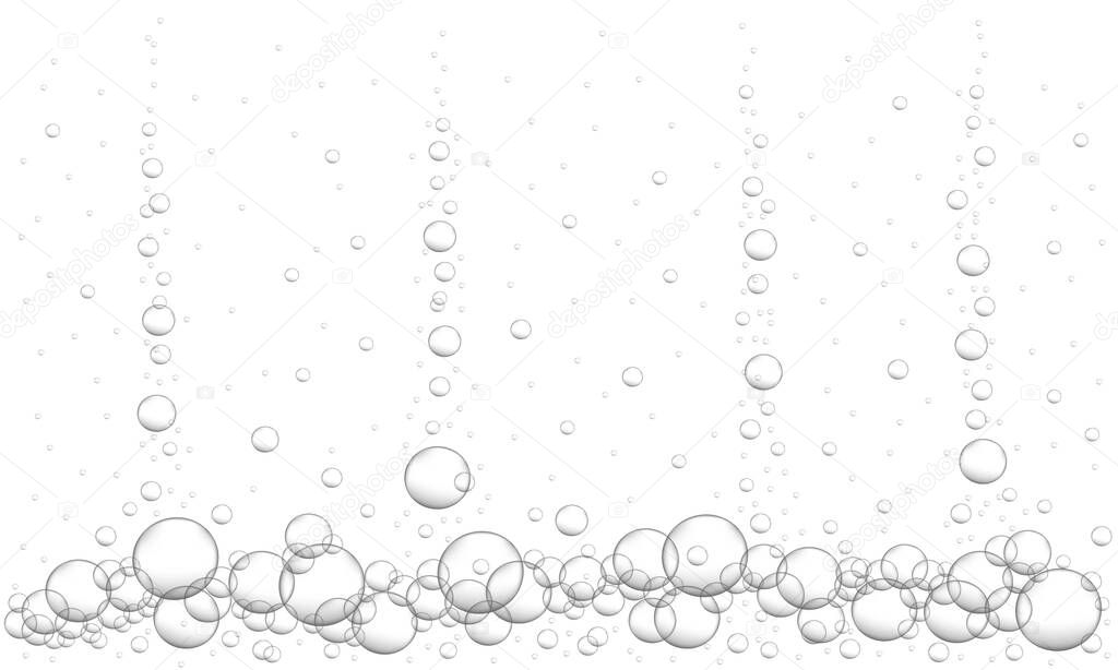 Underwater bubbles background. Fizzy carbonated drink, beer, champagne, seltzer, cola, soda, lemonade texture. Sea or aquarium water stream. Vector realistic illustration