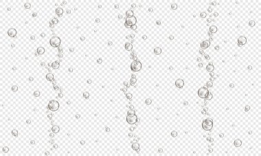 Şeffaf arkaplanda oksijen kabarcıkları var. Gazlı içecek, maden suyu, bira, soda, kola, limonata, şampanya. Deniz veya akvaryumdaki su akıntısı. Vektör gerçekçi illüstrasyon