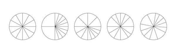 Grafische cirkels verdeeld in 3 segmenten geïsoleerd op witte achtergrond. Taart of pizza ronde vormen gesneden in verschillende drie plakken. Eenvoudige statistische infografische voorbeelden. Vector overzicht illustratie — Stockvector