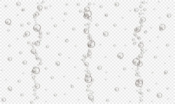 Burbujas de oxígeno sobre fondo transparente. Bebida gaseosa gaseosa, seltzer, cerveza, refresco, cola, limonada, textura de champán. Corriente de aire de agua en el mar o acuario. Ilustración realista vectorial — Archivo Imágenes Vectoriales