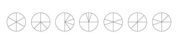 Círculos de contorno separados en 6 segmentos aislados sobre fondo blanco. Pastel o pizza formas redondas cortadas en diferentes seis rebanadas. Ejemplos simples de infografía estadística. Ilustración lineal vectorial — Vector de stock