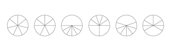 Esquema de círculos divididos en 7 segmentos aislados sobre fondo blanco. Pastel o pizza formas redondas cortadas en diferentes siete rebanadas. Ejemplos simples de infografía estadística. Ilustración lineal vectorial — Archivo Imágenes Vectoriales