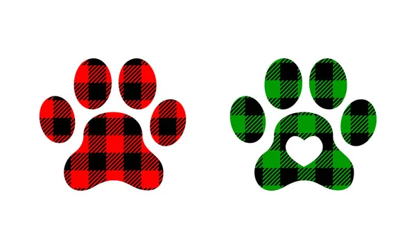 Silhouettes de pattes de chien avec motifs de buffles de Noël. Empreintes canines avec empreinte à carreaux gingham. Illustration vectorielle plate — Image vectorielle