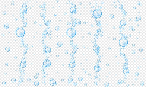 Burbujas de oxígeno azul sobre fondo transparente. Textura de bebida carbonatada mareada. Corriente de aire de agua en el mar o acuario. Ilustración realista vectorial — Vector de stock