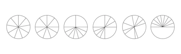 Esquema de círculos divididos en 9 segmentos aislados sobre fondo blanco. Pie o pizza formas redondas cortadas en diferentes nueve rebanadas. Ejemplos simples de infografía estadística. Ilustración lineal vectorial — Archivo Imágenes Vectoriales