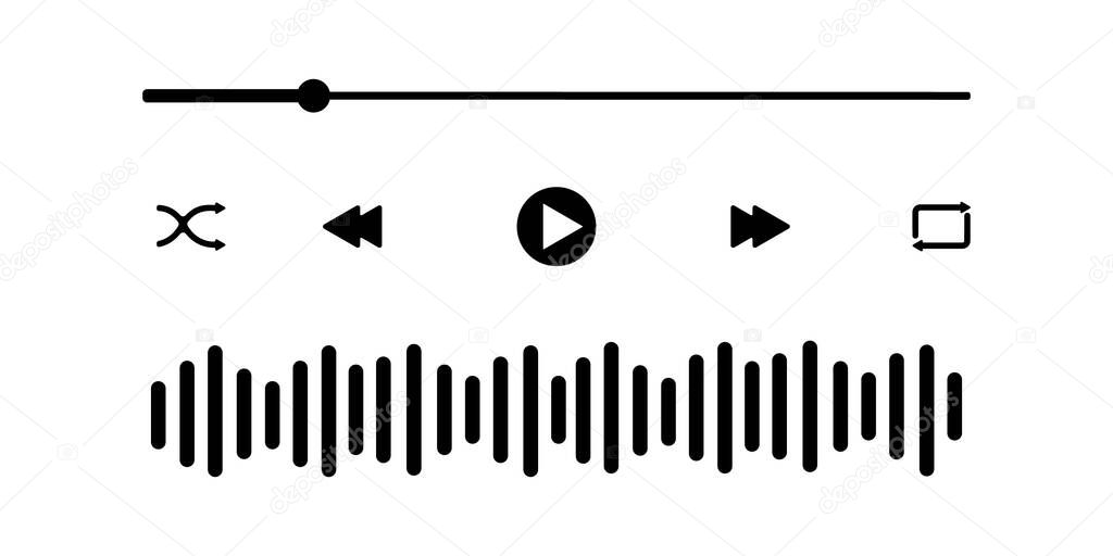 Audio player interface with loading bar, buttons, sound wave icon. Graphic mediaplayer panel template for mobile app. Vector flat illustration