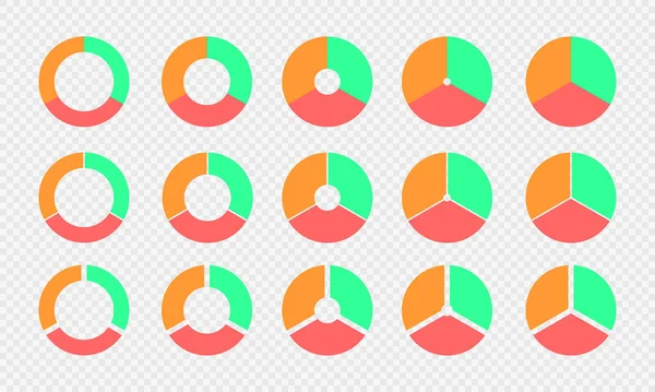 Torten- und Donut-Diagramme eingestellt. Kreisdiagramme, die in 3 Abschnitte in verschiedenen Farben unterteilt sind. Infografik Räder. Runde Formen geschnitten in drei Teilen isoliert auf transparentem Hintergrund — Stockvektor