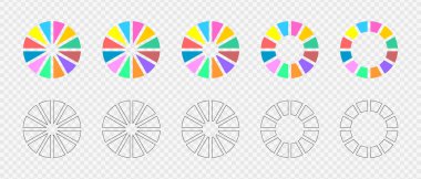 Donut çizelgeleri hazır. Bilgi çarkları 12 renkli ve grafik bölüme ayrılmıştır. Çember şemaları ya da çubuklar yükleyin. Yuvarlak şekiller on iki eşit parçaya bölünmüş. Vektör düzlüğü ve özet çizimi