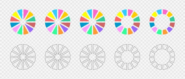 Пончиковая диаграмма готова. Инфографические диски разделены на 12 разноцветных и графических секций. Круговые диаграммы или погрузочные решетки. Круглая форма разделена на двенадцать равных частей. Векторная плоская и контурная иллюстрация — стоковый вектор