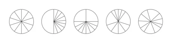 Esboza círculos divididos en 10 segmentos. Pie o pizza formas redondas cortadas en diez rebanadas diferentes. Ejemplos simples de infografía estadística aislados sobre fondo blanco. ilustración gráfica vectorial — Archivo Imágenes Vectoriales