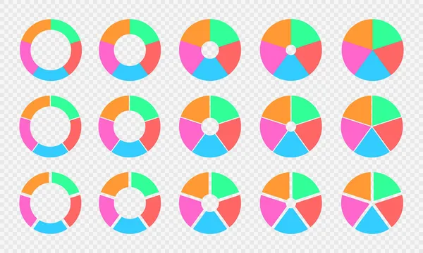 Conjunto de cartas de pasteles y donuts. Diagramas de círculo coloridos divididos en 5 secciones. Ruedas infográficas. Formas redondas cortadas en cinco partes iguales — Vector de stock