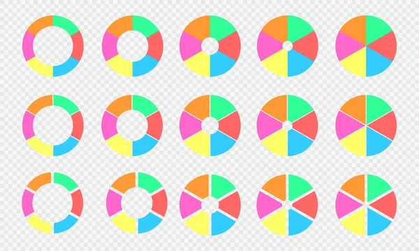 Коллекция карточек пирогов и пончиков. Круговые диаграммы, разделенные на 6 секций разных цветов. Инфографические диски с шестью частями — стоковый вектор