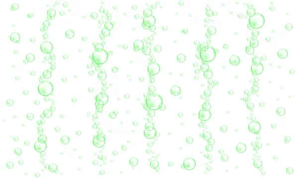 Bolhas subaquáticas verdes isoladas em fundo branco. Bebida gaseificada, saboneteira, champô ou espuma de limpeza. Ilustração realista vetorial — Vetor de Stock