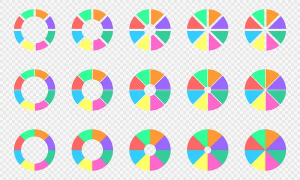 Карты с пирогом и пончиками готовы. Круговые диаграммы, разделенные на 8 секций разных цветов. Колёса жизни. Круглая форма, разрезанная на восемь частей — стоковый вектор