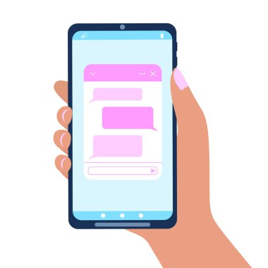 Akıllı telefon whit sohbet robotu penceresi. Telefon ekranında mesaj baloncukları olan bir yaşam formu. Sanal asistan, mobil kurye uygulaması, çevrimiçi müşteri desteği kavramı