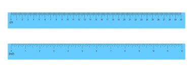 Beyaz arka planda 30 santimetre ve 12 inç mavi cetvel var. İşaretleme ve sayılar ile uzaklık, yükseklik veya uzunluk ölçümü için okul aracı