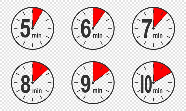 Ikony czasomierza z 5, 6, 7, 8, 9, 10 minutowym odstępem czasu. Symbole zegara odliczającego lub stopera. Elementy infograficzne do przygotowania instrukcji — Wektor stockowy
