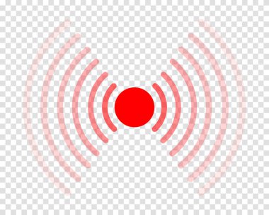 Kırmızı ağrı noktası ikonu. Acı sembolü. Yerelleştirme işareti. Radar ya da sonar dalgaları saydam arkaplanda izole edildi. Vektör illüstrasyonu