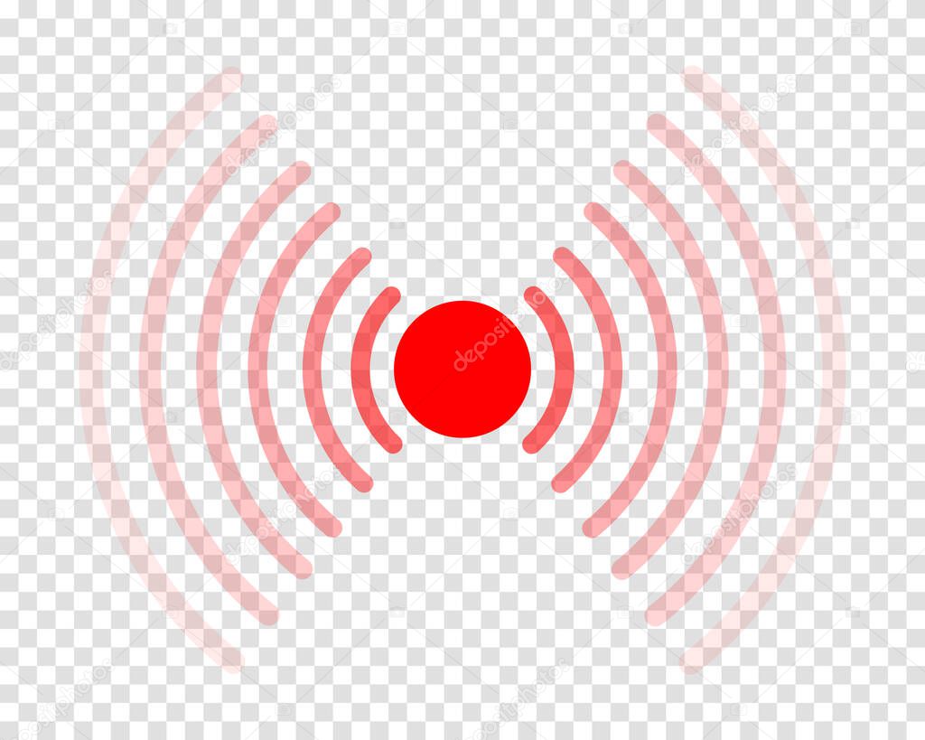 Red pain point icon. Hurt symbol. Ache localization sign. Radar or sonar wave isolated on transparent background. Vector illustration