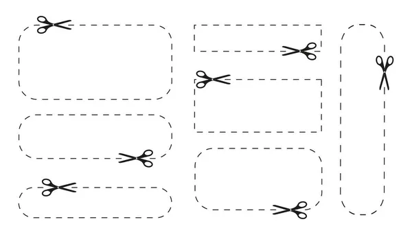 点線で図形を切断するはさみアイコンのセット。紙割引クーポン,バウチャー,プロモーションコードのためのここのピクトグラムをカット — ストックベクタ