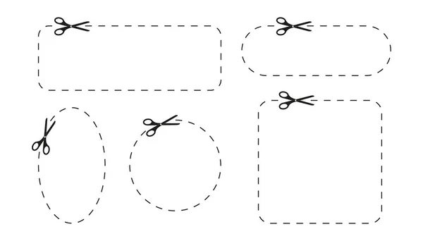 Set van schaar pictogrammen snijden verschillende vormen met stippellijnen. Knip hier pictogrammen voor kortingsbonnen, vouchers, promotiecodes — Stockvector