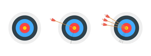 Τοξοβολία στόχους δαχτυλίδια με και χωρίς βέλη χτυπήσει bullseye. Στρογγυλό dartboards απομονώνονται σε λευκό φόντο. Στόχος η επίτευξη της έννοιας. Σύμβολα στρατηγικής επιχειρηματικής επιτυχίας — Διανυσματικό Αρχείο