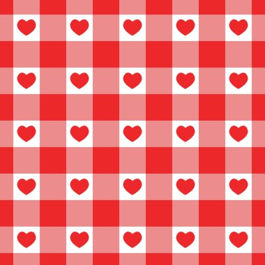 Kalpli kırmızı ve beyaz pamuklu kumaş deseni. Piknik battaniyesi, masa örtüsü, ekose kumaş için kareli sevgililer günü dokusu. Kumaş geometrik arkaplan