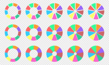 Turta ve donut grafikleri hazır. Çember diyagramları 9 bölüme bölündü. Renkli bilgi tekerleri. Yuvarlak şekiller dokuz eşit parçaya bölünmüş