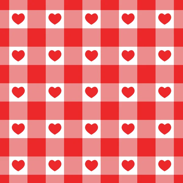 赤と白のギンガムのシームレスなパターンと心。ピクニックブランケット、テーブルクロス、プレイのためのバレンタインデーのテクスチャをチェックしました。ファブリック幾何学的背景 — ストックベクタ