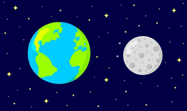 Terra e Lua no fundo estrelado do espaço escuro. Astronomia para crianças. Ilustração dos desenhos animados vetoriais — Vetor de Stock