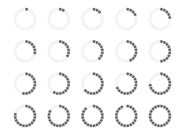 Barre de chargement ronde avec remplissage de 1 à 20 segments. Jeu de symboles de progression, d'attente ou de chargement. Éléments d'animation infographique pour interface site web — Image vectorielle