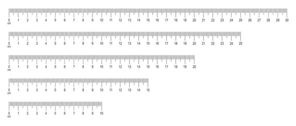 Skala linijki z liczbami ustawionymi. Pozioma mapa pomiarowa z oznaczeniem 30, 25, 20, 25, 10 centymetrów. Pomiar odległości, wysokości lub długości — Wektor stockowy
