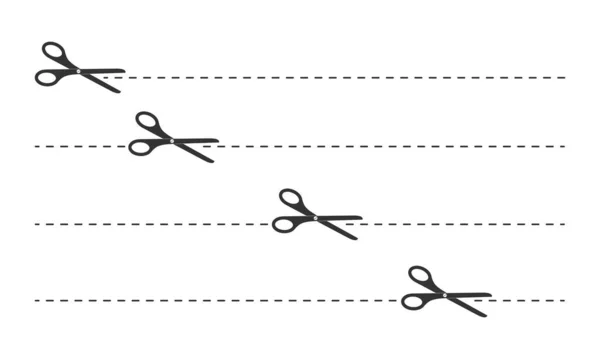 点線のはさみアイコンのセット。クーポン、バウチャー、ラベル、紙のページのためのここでピクトグラムをカット。シンプルなグラフィックベクトルイラスト — ストックベクタ