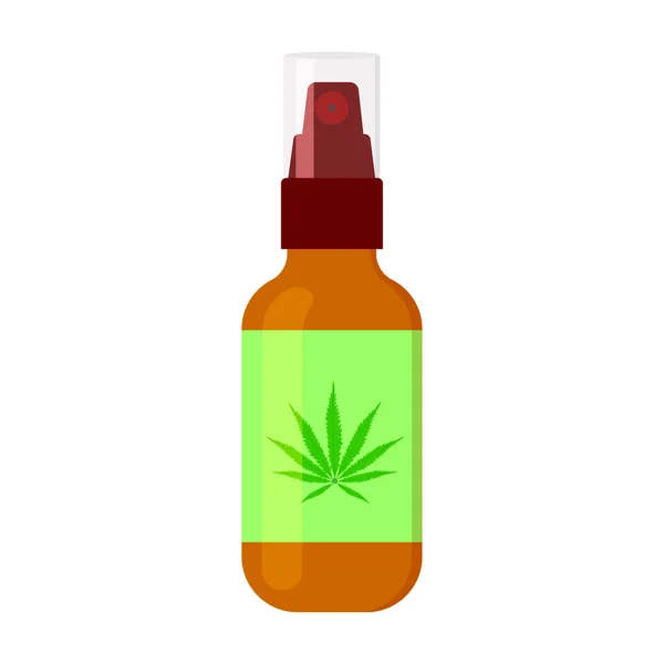 Hanföl-Spray in Flasche mit Cannabisblatt auf dem Etikett. CBD-Produkt für Muskelschmerzen und Angstlinderung isoliert auf weißem Hintergrund. Cannabidiol für das Gesundheitswesen — Stockvektor