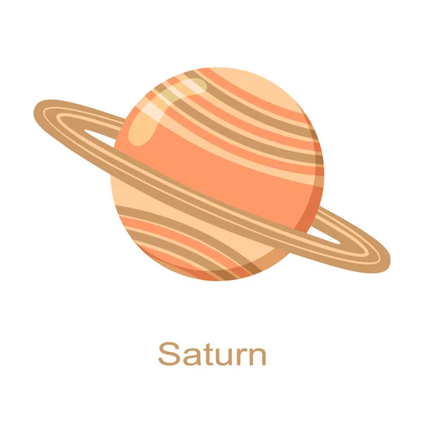 Planeta Saturno con anillos icono con nombre aislado sobre fondo blanco. Elemento universal del sistema solar. Niños planetarios. Dibujos animados vectoriales ilustración — Vector de stock