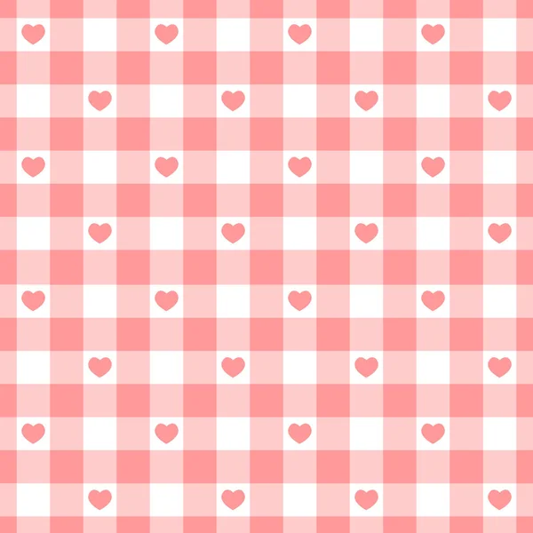 ピンクと白のギンガムのシームレスなパターンと心。ピクニックブランケット、テーブルクロス、プレイのためのバレンタインデーのテクスチャをチェックしました。生地の背景、レトロなヴィシーデザイン — ストックベクタ