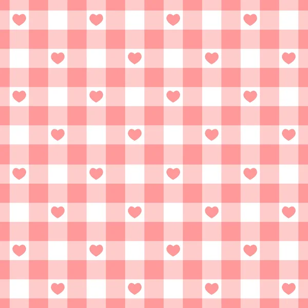 Pink and white gingham seamless pattern with hearts. Checkered Valentine day texture for picnic blanket, tablecloth, plaid. Fabric background, retro vichy design — Stock Vector